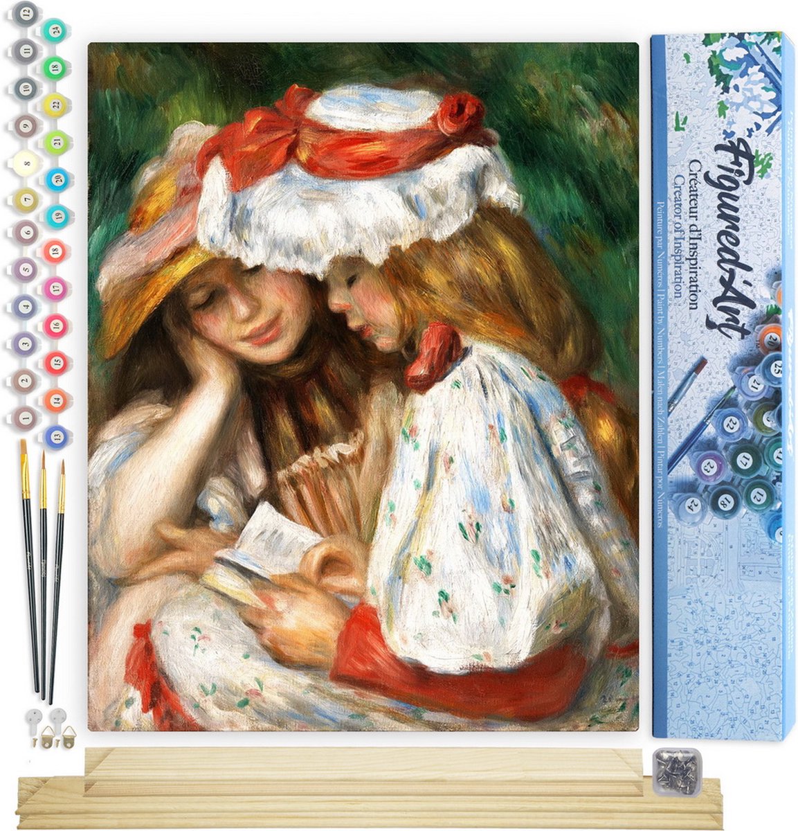 FiguredArt Schilderen op Nummer Volwassenen canvas Jonge Meisjes lezen - Renoir - Handwerk acrylverf Kit DIY Compleet - 40x50cm met DIY houten lijst